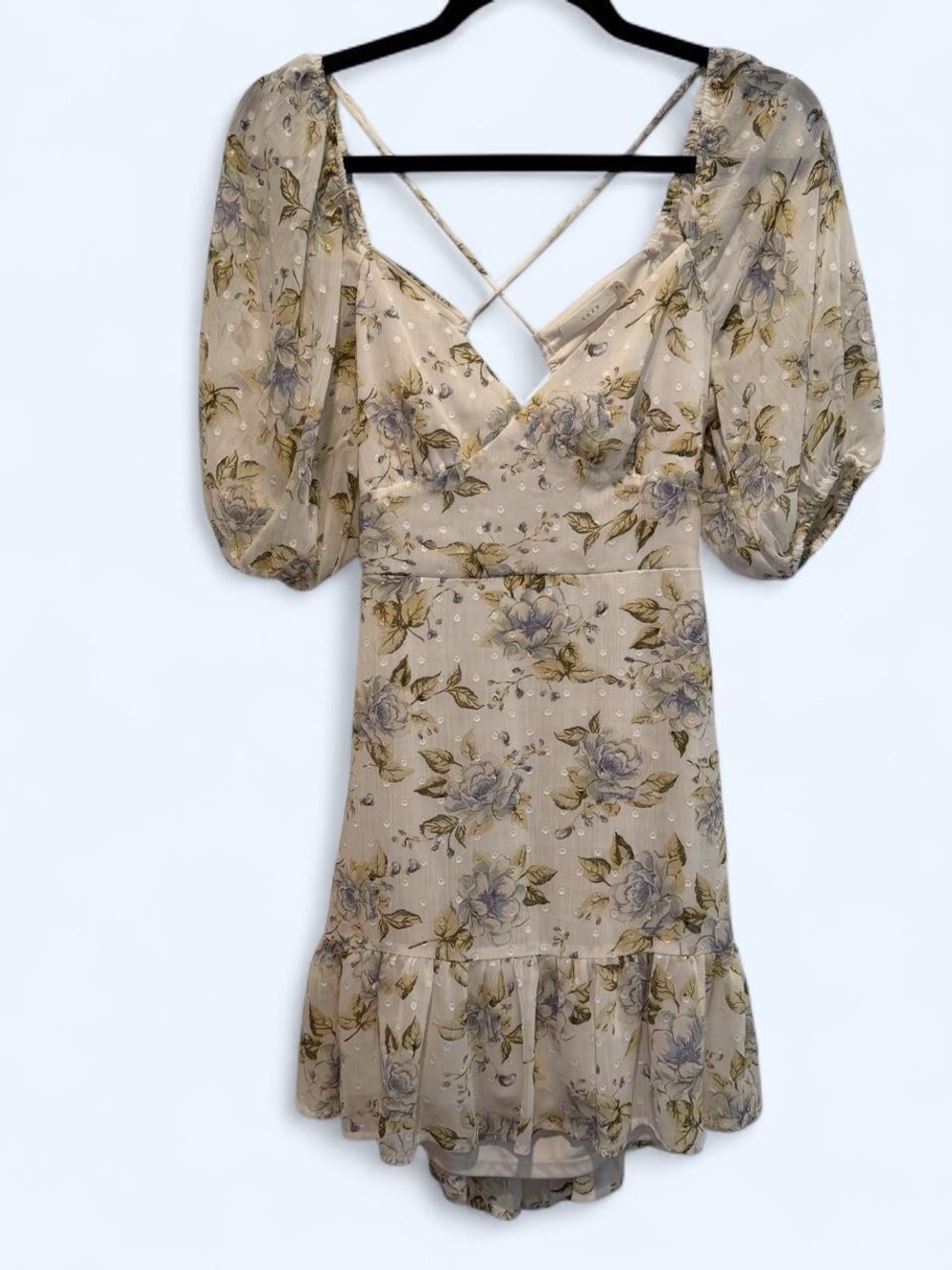 Lush Beige Floral Puff-Sleeve Mini Dress with Crisscross Back Small
